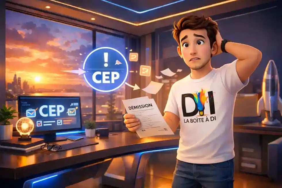 Dam vient de démissionner et découvre l’obligation du dispositif CEP dans son bureau futuriste au coucher de soleil