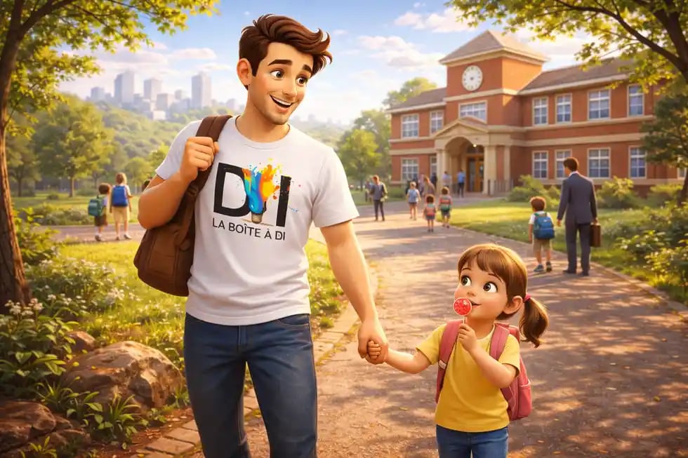 Illustration 3D de Dam donnant la main à sa fille sur le chemin de l’école, symbolisant l’évolution des priorités de vie