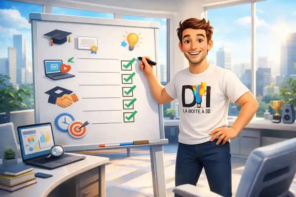 Dam coche 5 critères pour choisir une formation adaptée après 40 ans et découvrir le SEO, dans un bureau moderne ensoleillé.