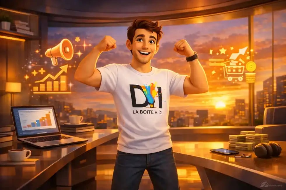 Dam célèbre victoire du copywriting dans bureau futuriste au coucher de soleil style 3D Pixar