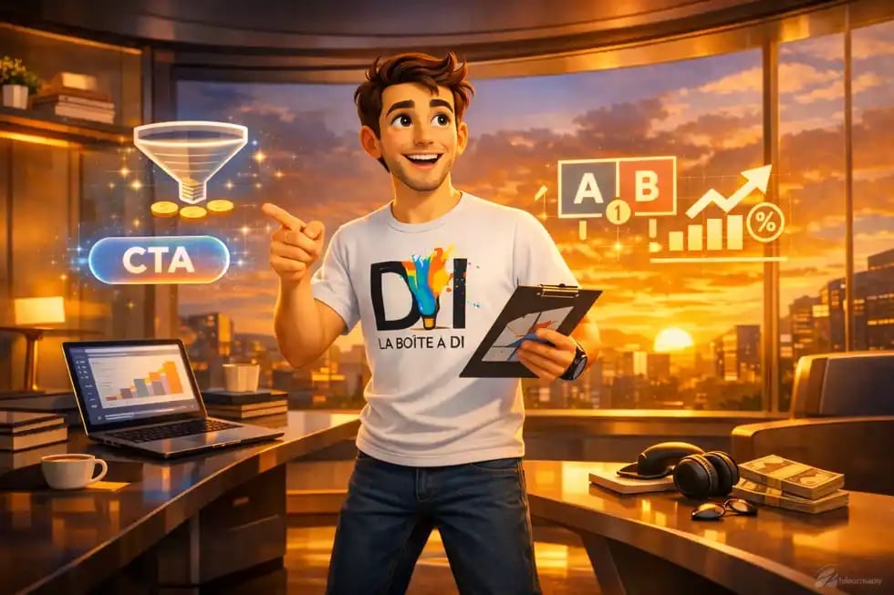 Dam copywriter expert élabore stratégie de conversion dans bureau futuriste au coucher de soleil style 3D Pixar