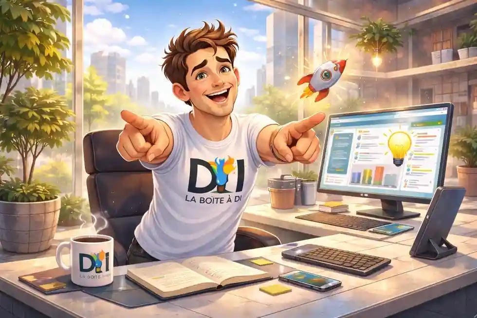 Dam enthousiaste dans son bureau futuriste à midi, invite à passer à l’action pour apprendre le SEO, ambiance lumineuse.