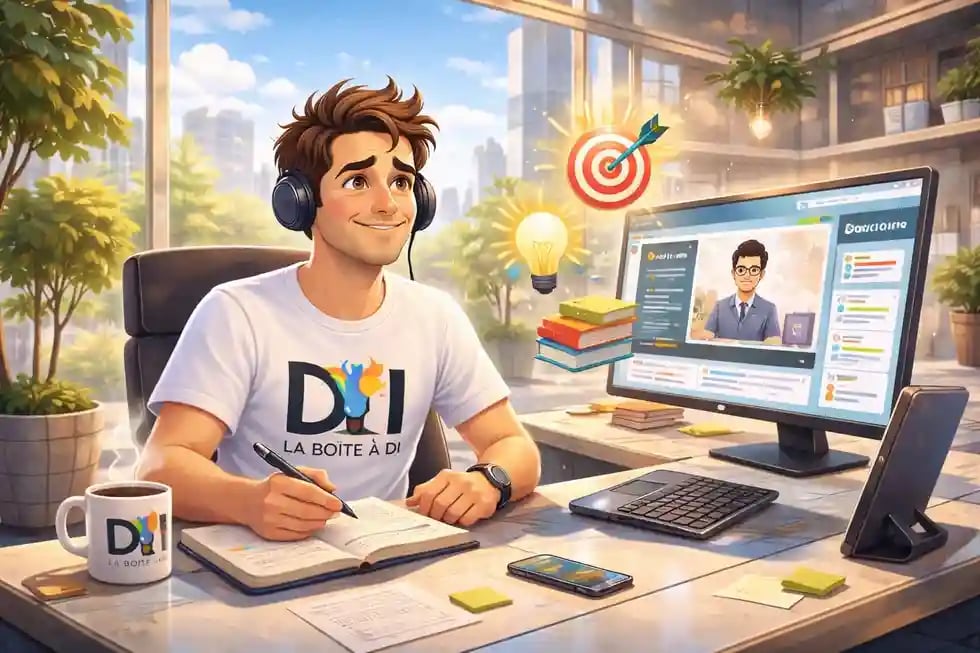 Dam se forme au SEO de façon progressive dans un bureau futuriste ensoleillé, détendu devant son ordinateur.