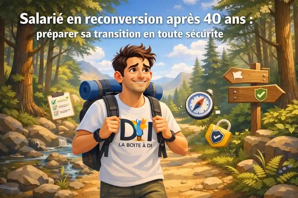 Dam marche en forêt à midi, sourire et sac à dos, reconversion après 40 ans en sécurité, pictogrammes et titre.