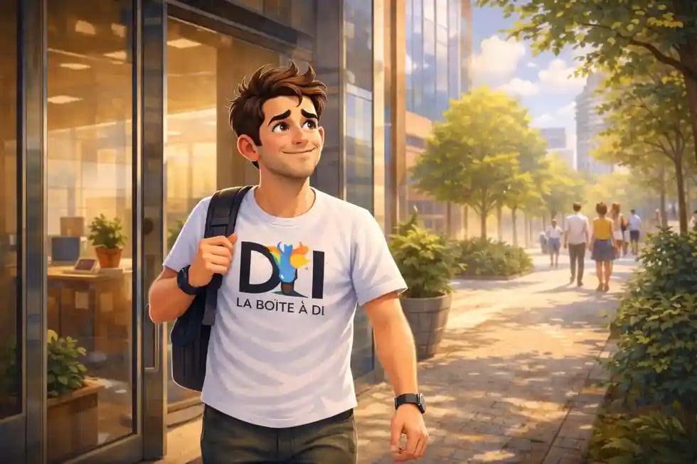 Dam sort serein de son bureau à midi, rue ensoleillée, transition professionnelle après 40 ans sans quitter son emploi.