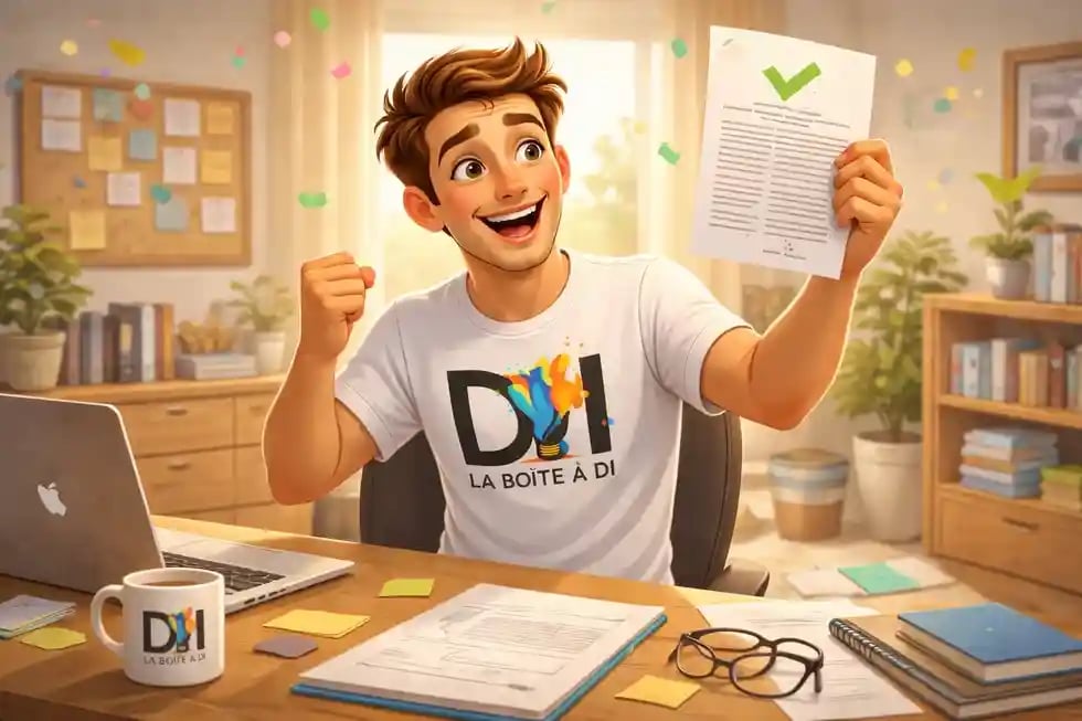 Illustration 3D de Dam heureux dans son bureau après avoir été sélectionné pour un emploi, réussite après 50 ans