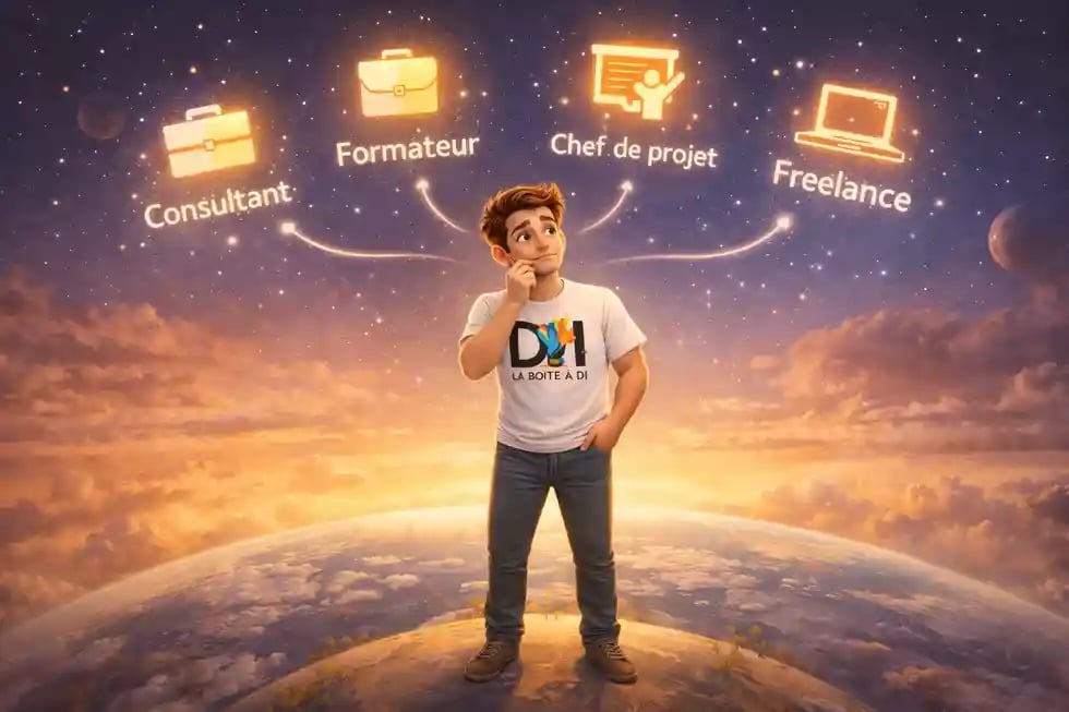 Illustration 3D de Dam contemplant des exemples de reconversions à 50 ans, consultant, formateur, chef de projet, freelance