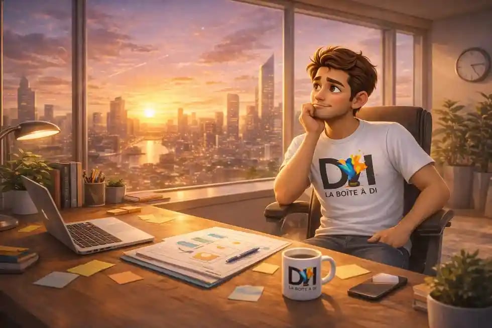 Illustration 3D de Dam réfléchissant à sa prochaine étape de reconversion dans un bureau moderne au coucher du soleil