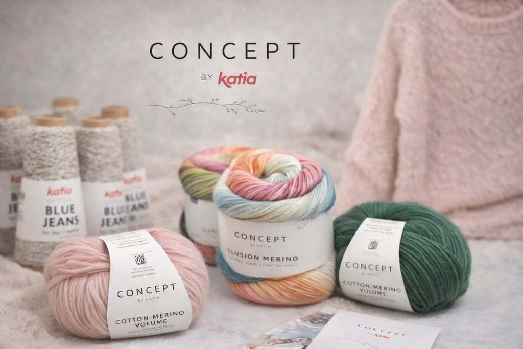 Katia Concept mezgimo siūlai iš natūralių pluoštų šalia megztinio.