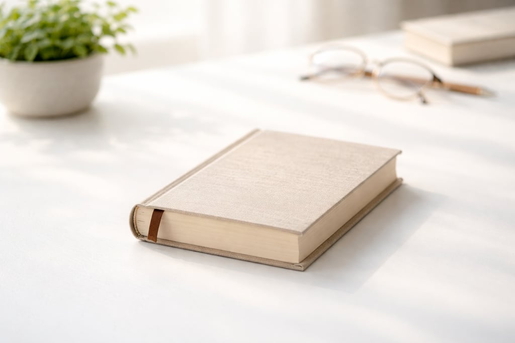 a book with a bookmark on it and a plant in the background