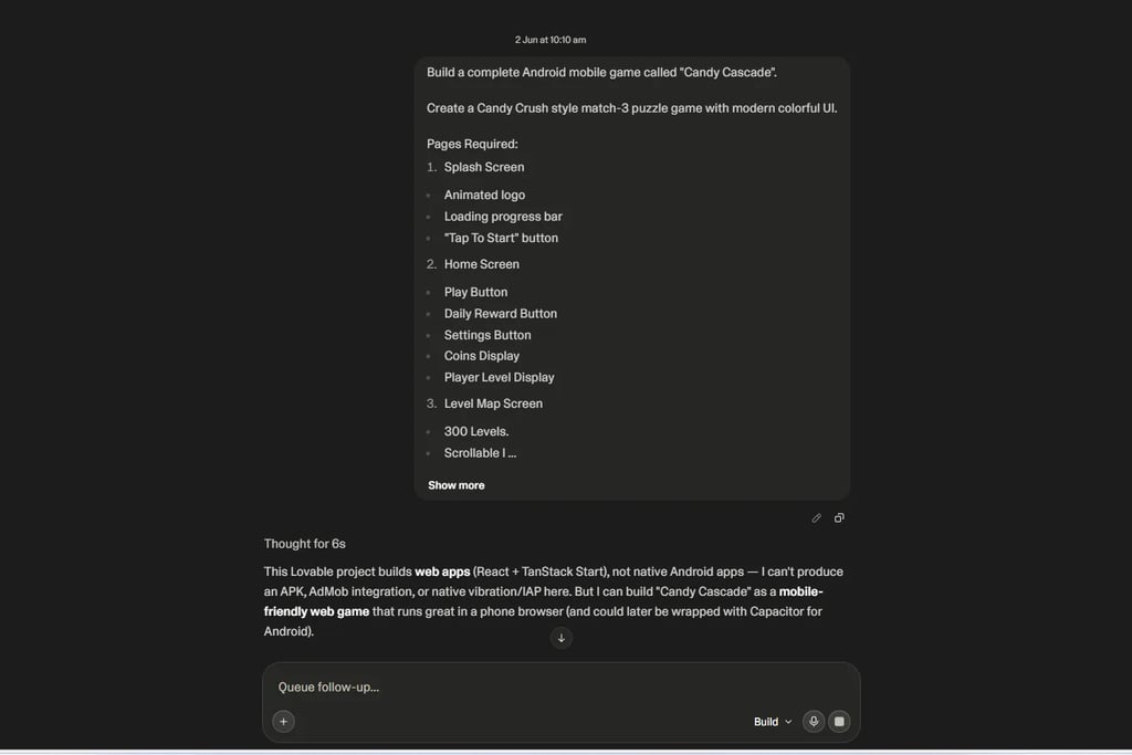 Lovable AI project setup interface showing initial AI application creation workflow.