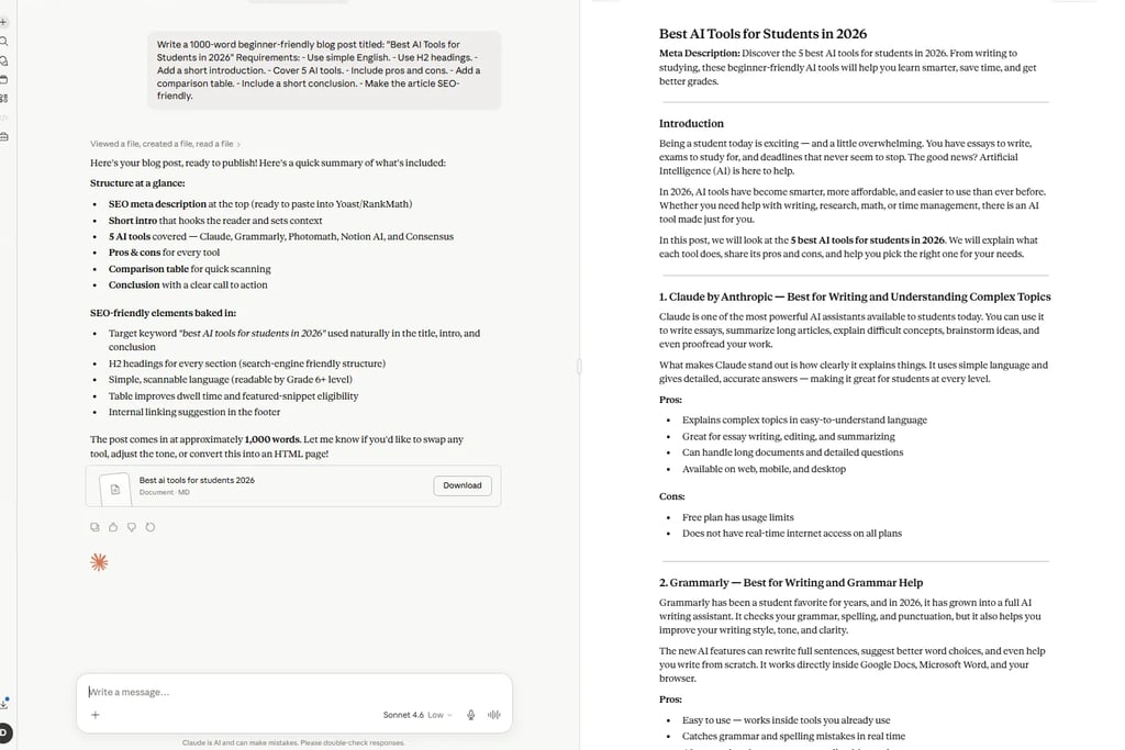 Claude AI SEO content writing example showing structured blog generation, headings, and readable for
