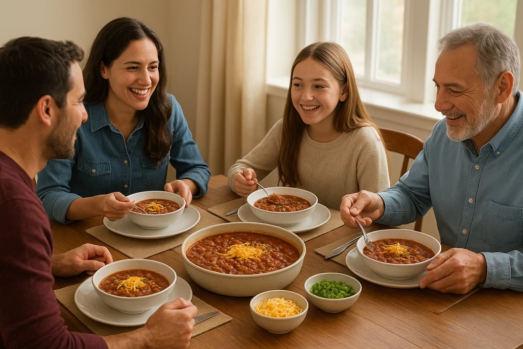 Family enjoying bowls of homemade chili at the dinner table, a comforting budget-friendly family mea
