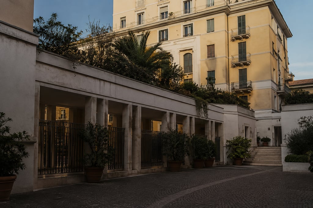 Elegant courtyard of a classic European hotel with yellow stone architecture and lush greenery.