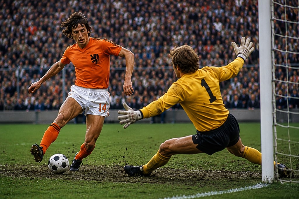 Johan Cruyff in an orange Netherlands jersey dribbles past a goalkeeper during a classic soccer match.