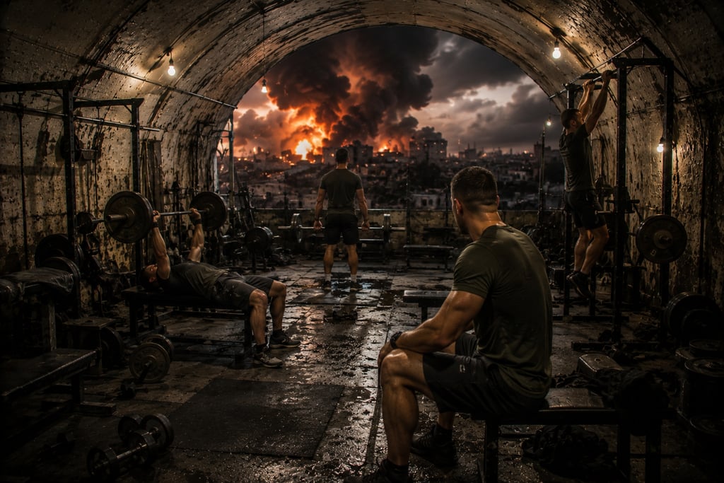 Men lifting weights in a gritty underground gym overlooking a burning city skyline.