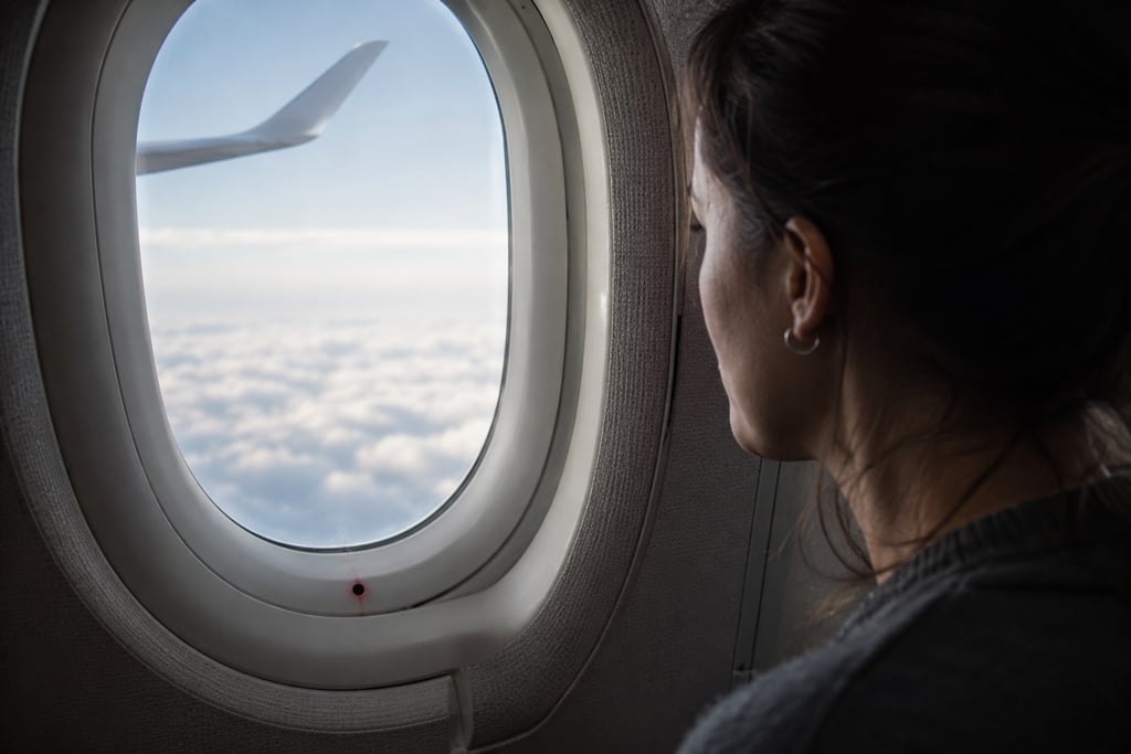 A woman looks out an airplane window at the wing and white clouds during a flight.