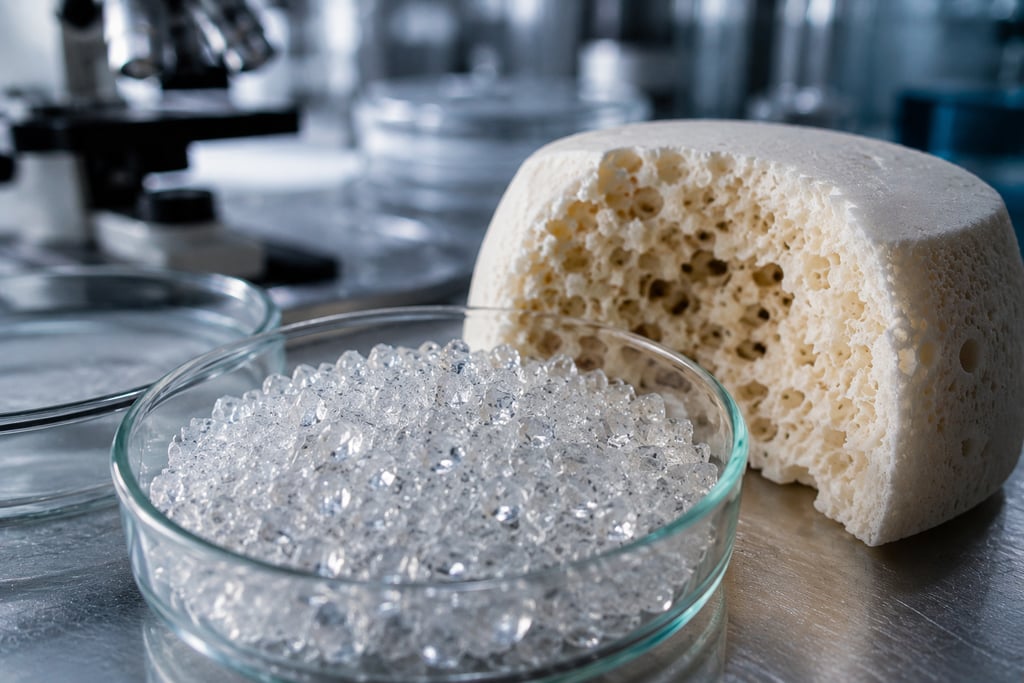 A glass Petri dish filled with clear hydrogel beads next to a porous white synthetic bone scaffold in a laboratory.
