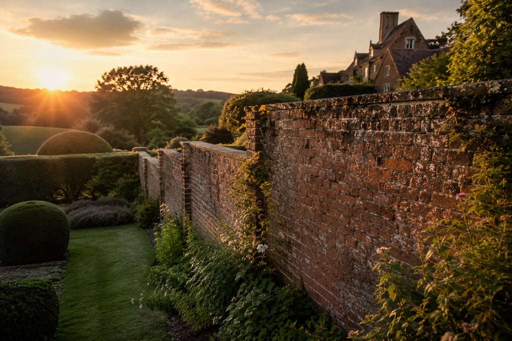 A golden sunset over a traditional English country estate garden with a brick wall and manicured hedges.