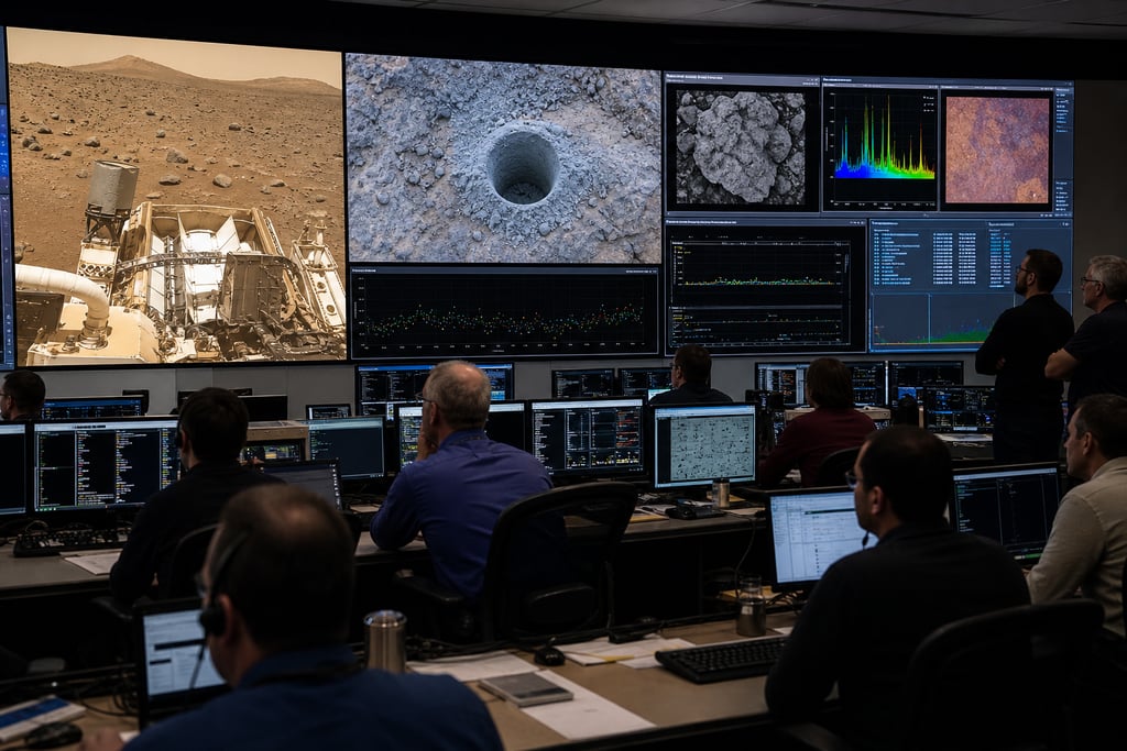 NASA scientists monitor Mars rover mission data and landscape images in a high-tech control center room.
