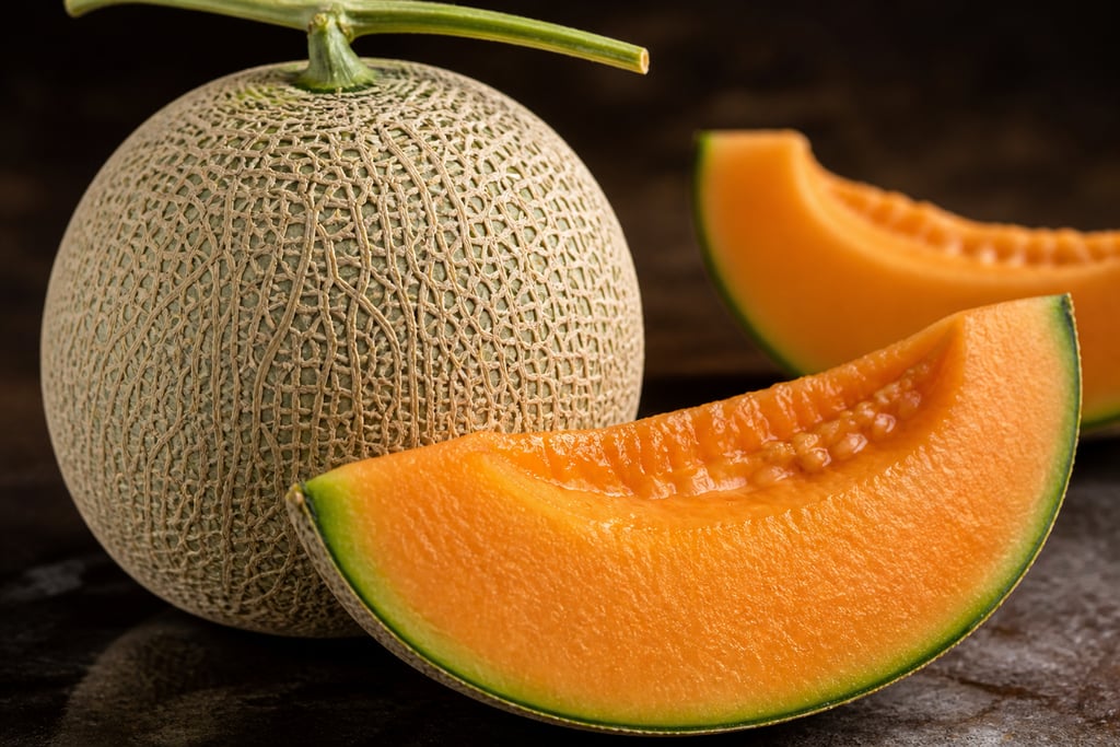 A whole ripe cantaloupe melon with fresh orange slices on a dark rustic surface.