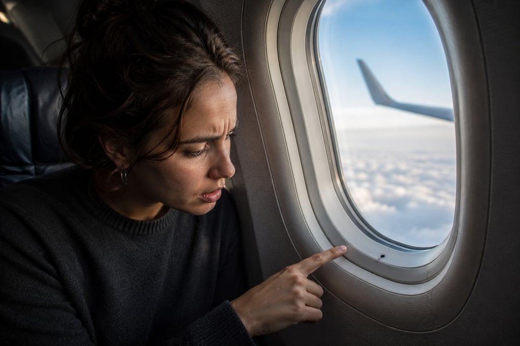 Concerned female passenger pointing at a small bleed hole in an airplane window during a flight.
