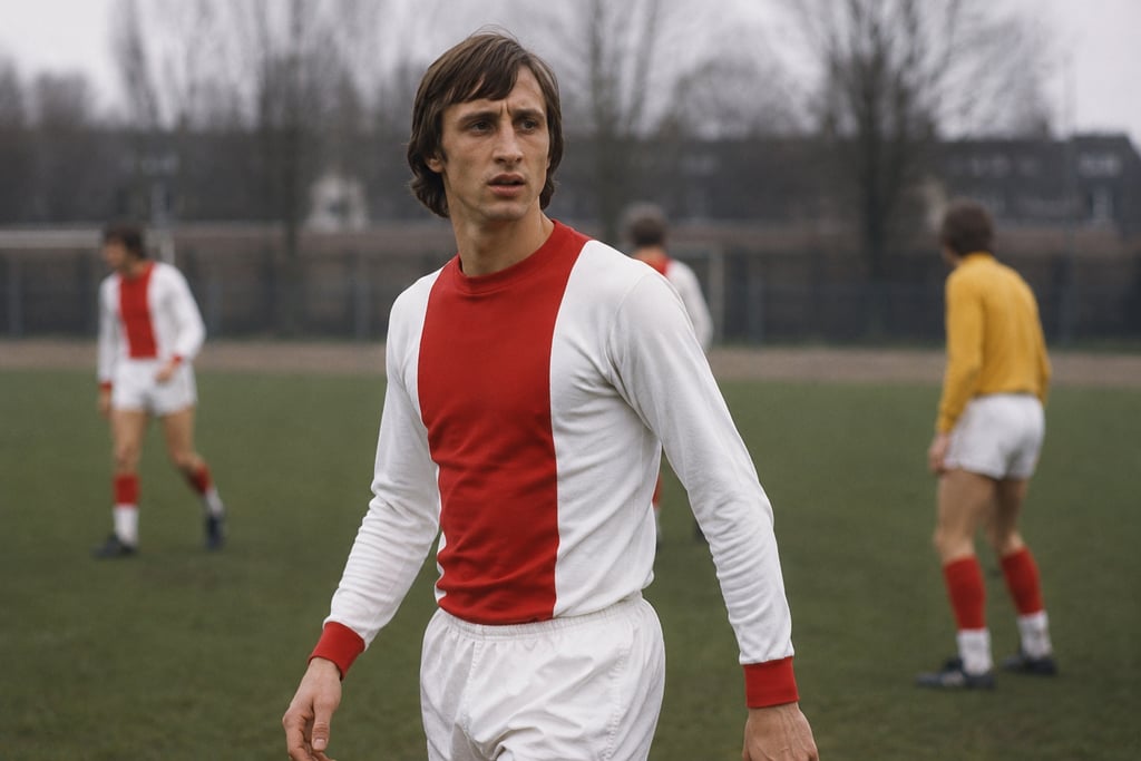 Johan Cruyff playing for Ajax Amsterdam on a football pitch in his iconic red and white kit.