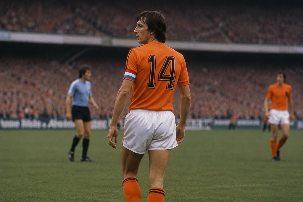 Dutch football legend Johan Cruyff wearing the number 14 orange jersey in a stadium.