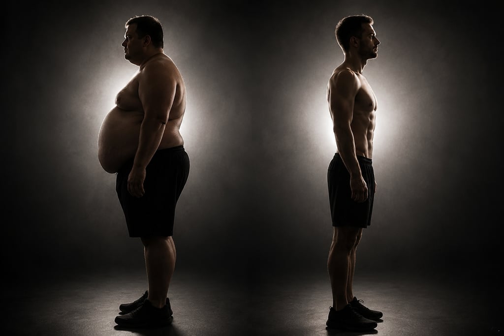 Before and after weight loss transformation of a man showcasing body fitness progress.