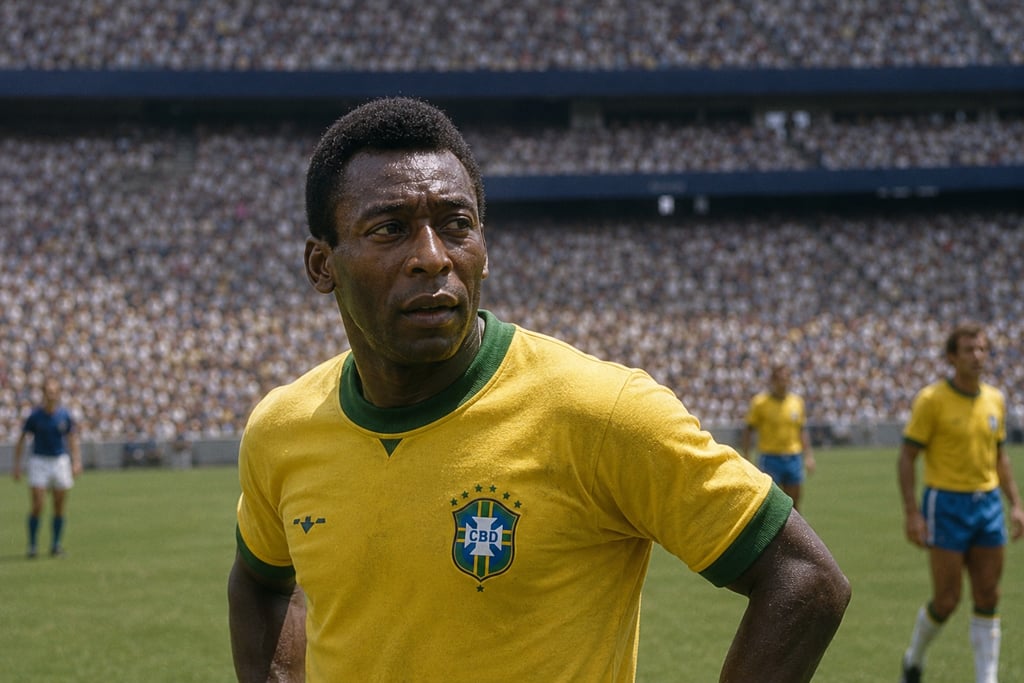 Brazilian soccer legend Pelé in a yellow Brazil national team jersey during a match.