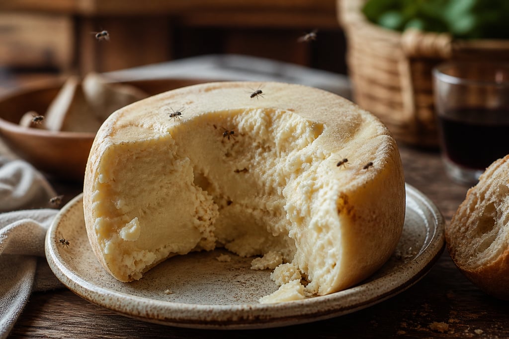 Traditional wheel of Casu martzu sheep milk cheese with live larvae on a rustic plate.