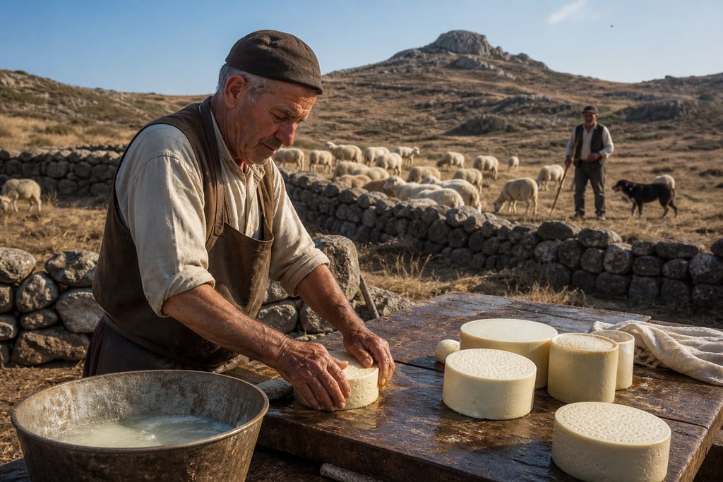 A traditional Greek shepherd handcrafting artisan sheep cheese on a rustic outdoor table in a mountain pasture.