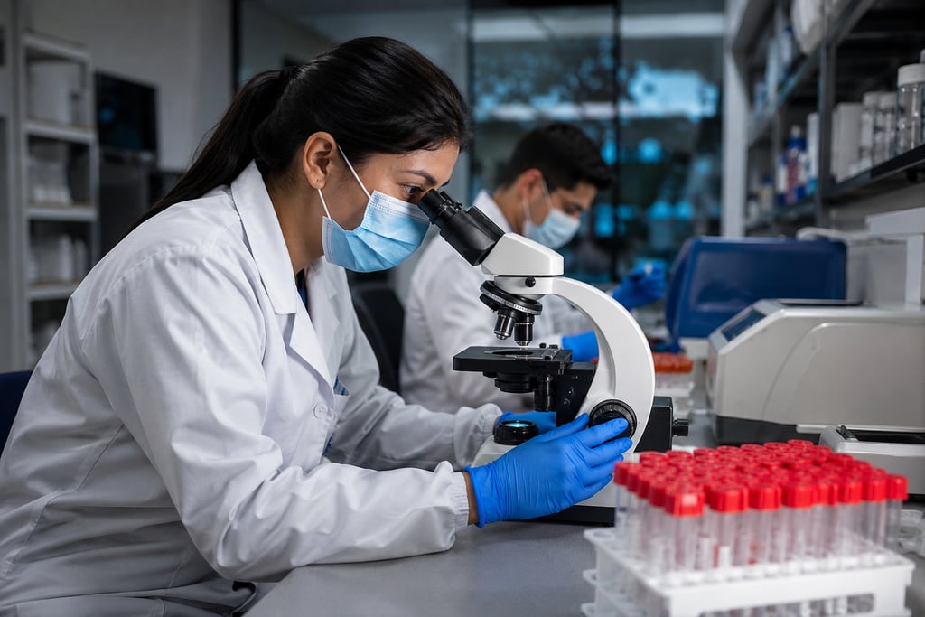 Female scientist in a face mask and lab coat using a microscope in a modern medical research laboratory.