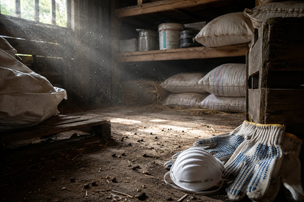 Dusty rustic barn interior with sunlight streaming onto a face mask, work gloves, and grain sacks.