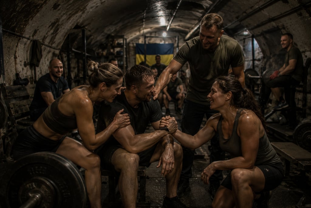 Athletes celebrate after a workout in an underground bunker gym with a Ukrainian flag.