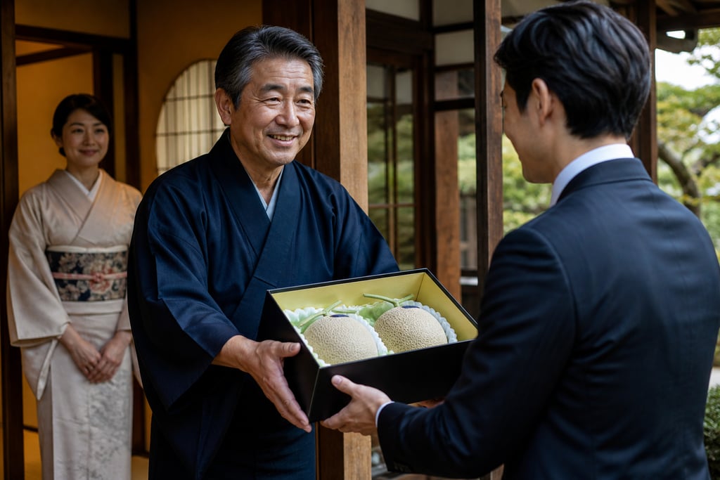 Smiling Japanese man in a navy kimono gifting a box of premium muskmelons to a businessman at a traditional home.