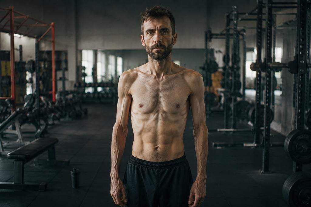 A lean man with defined abdominal muscles stands in a modern gym with weightlifting equipment.