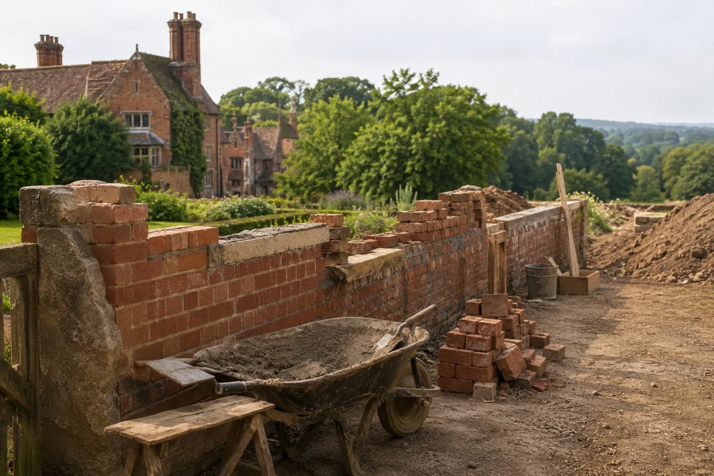 A brick garden wall under construction with a wheelbarrow and bricks near a historic English estate.