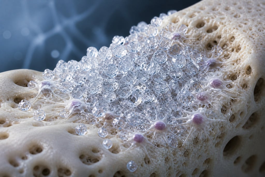 Microscopic view of clear crystalline spheres clustered on a porous biological structure with pink neural cells.