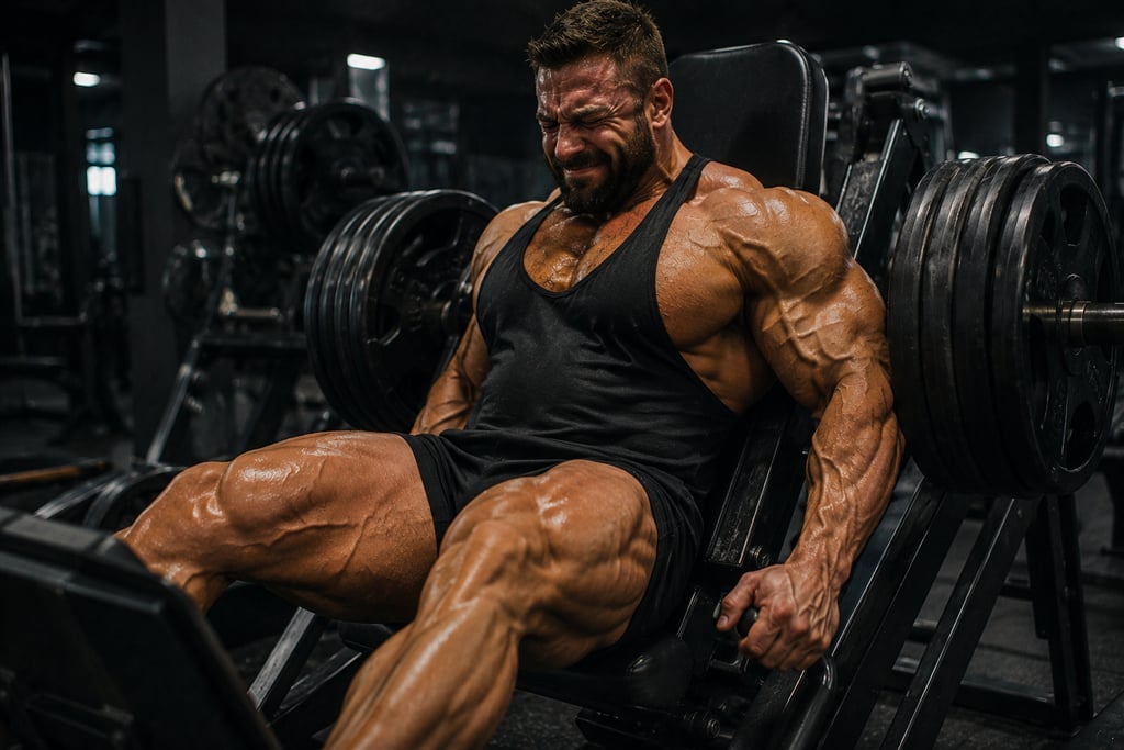 Muscular bodybuilder performing heavy leg press exercises in a gym to build quad strength.