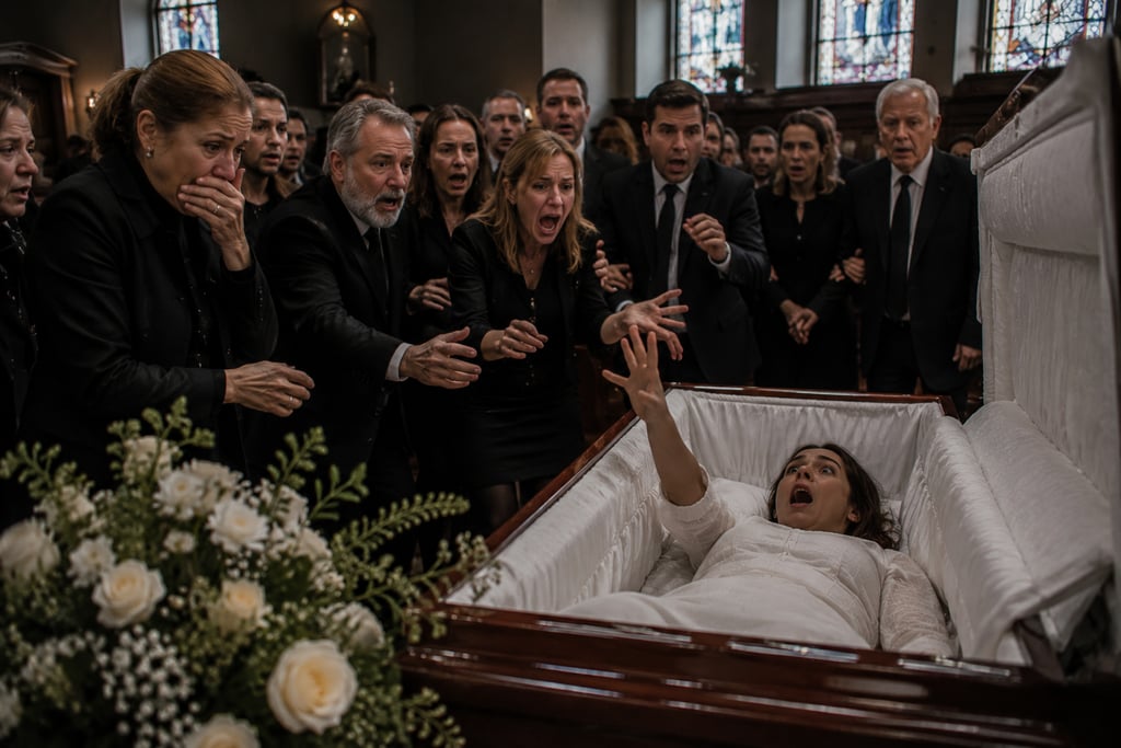 A shocked crowd reacts as a woman in a white dress wakes up and reaches out from an open casket during a funeral.