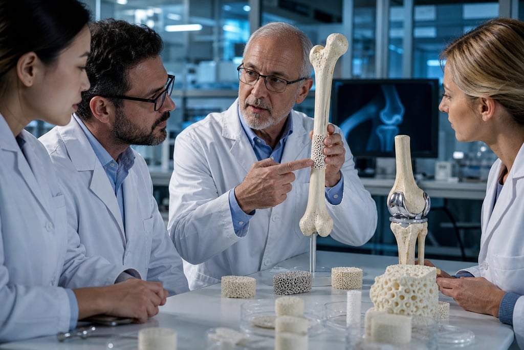 Medical researchers in a lab examining a 3D printed bone graft and prosthetic knee joint model.