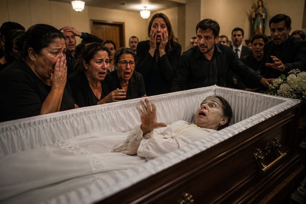 Shocked mourners cry as a woman suddenly wakes up and reaches out from her open coffin during a funeral.