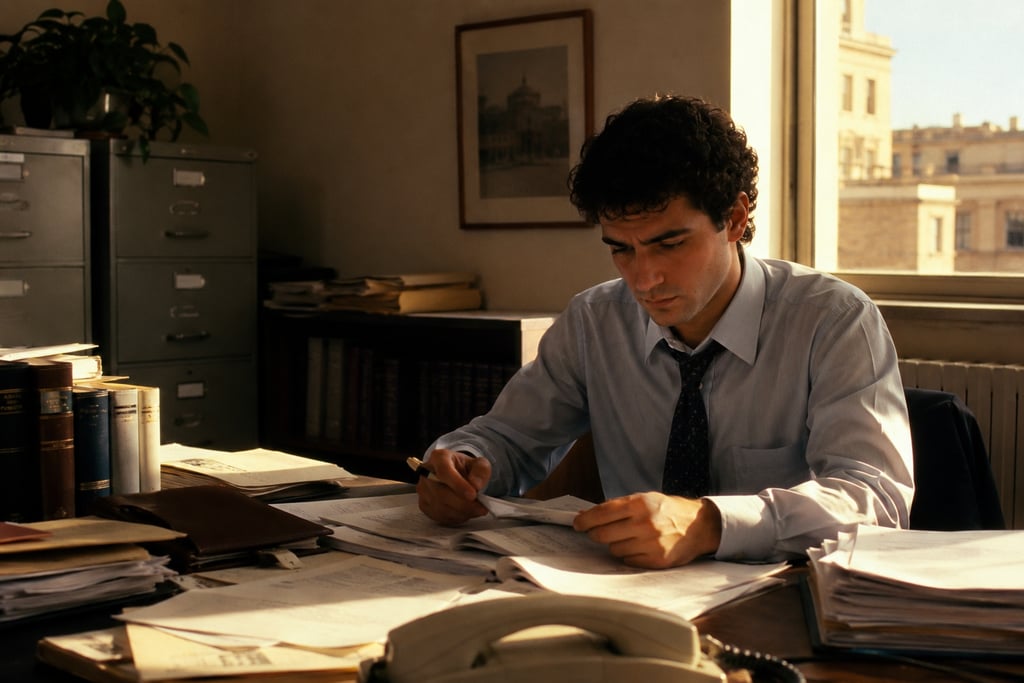 A businessman in a blue shirt reviews paperwork at a sunlit office desk with filing cabinets.