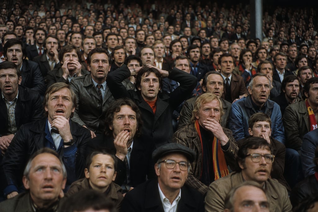 Crowd of anxious football fans in retro attire watching a match from the stadium stands.