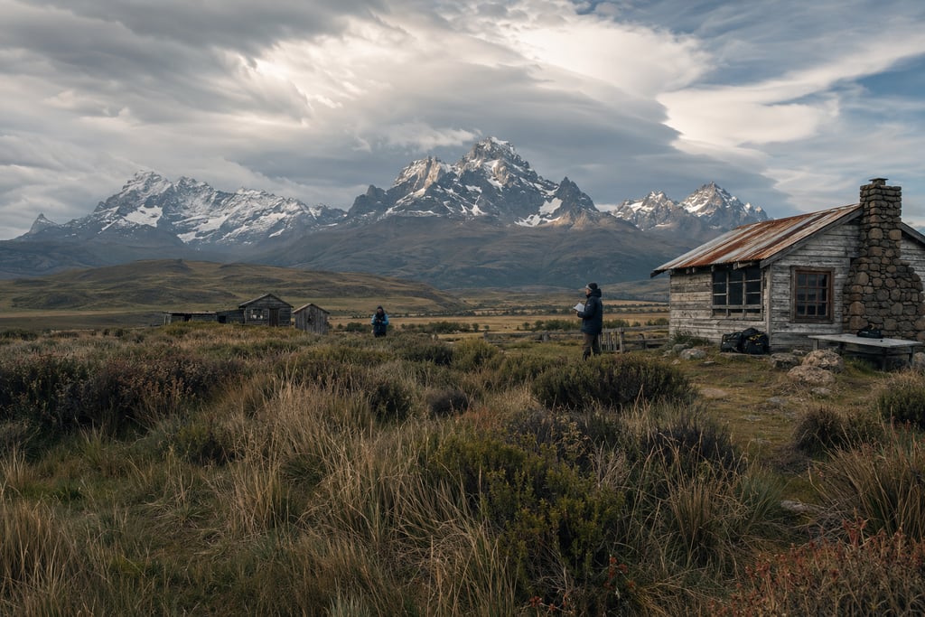 Rustic wooden cabin in the Patagonian wilderness with snowy mountain peaks and dramatic clouds.