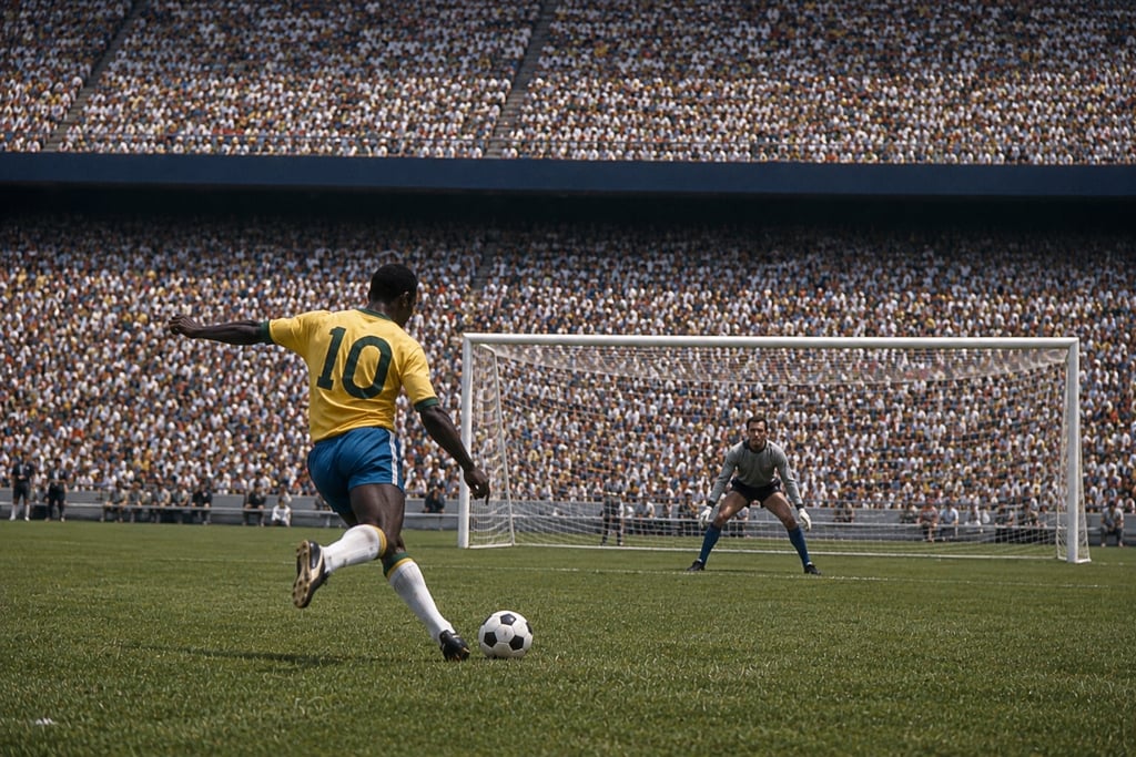 A soccer player in a Brazil jersey takes a penalty kick against a goalkeeper in a crowded stadium.