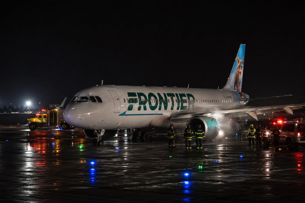Frontier Airlines plane on a wet runway at night with emergency responders and fire trucks nearby.