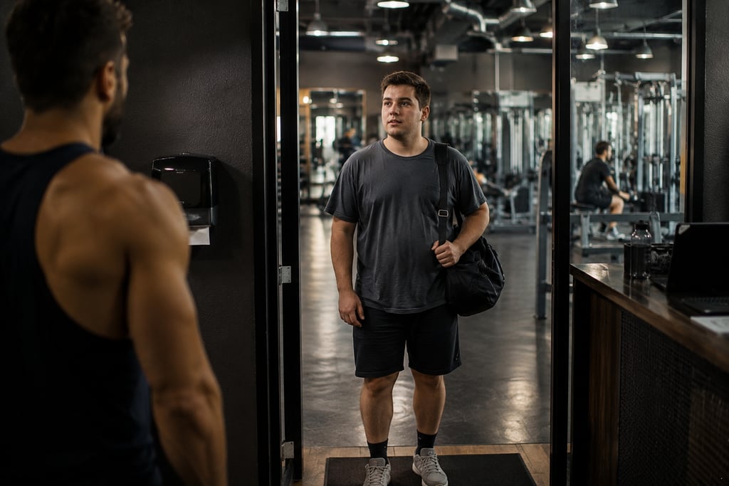 Young man with a gym bag entering a modern fitness center to start his workout routine.
