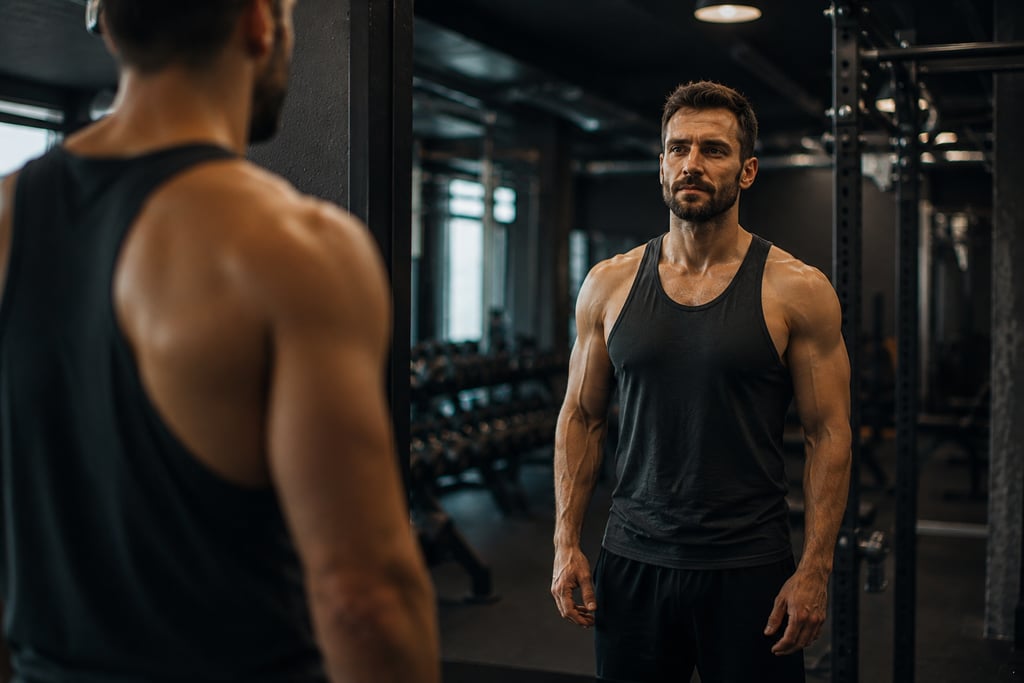 Muscular man in a black tank top looking in a gym mirror during a bodybuilding workout.